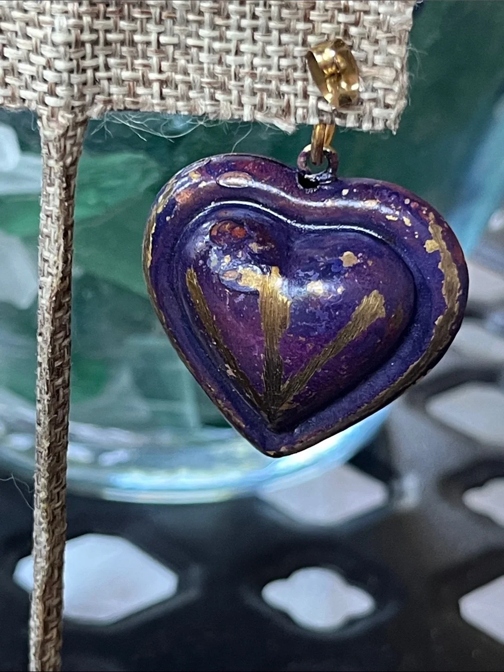 Hand-Painted Purple Heart Drop Earrings with Gold Accents